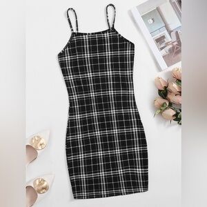 SHEIN Black and White Plaid Bodycon Cami Dress - Size Small